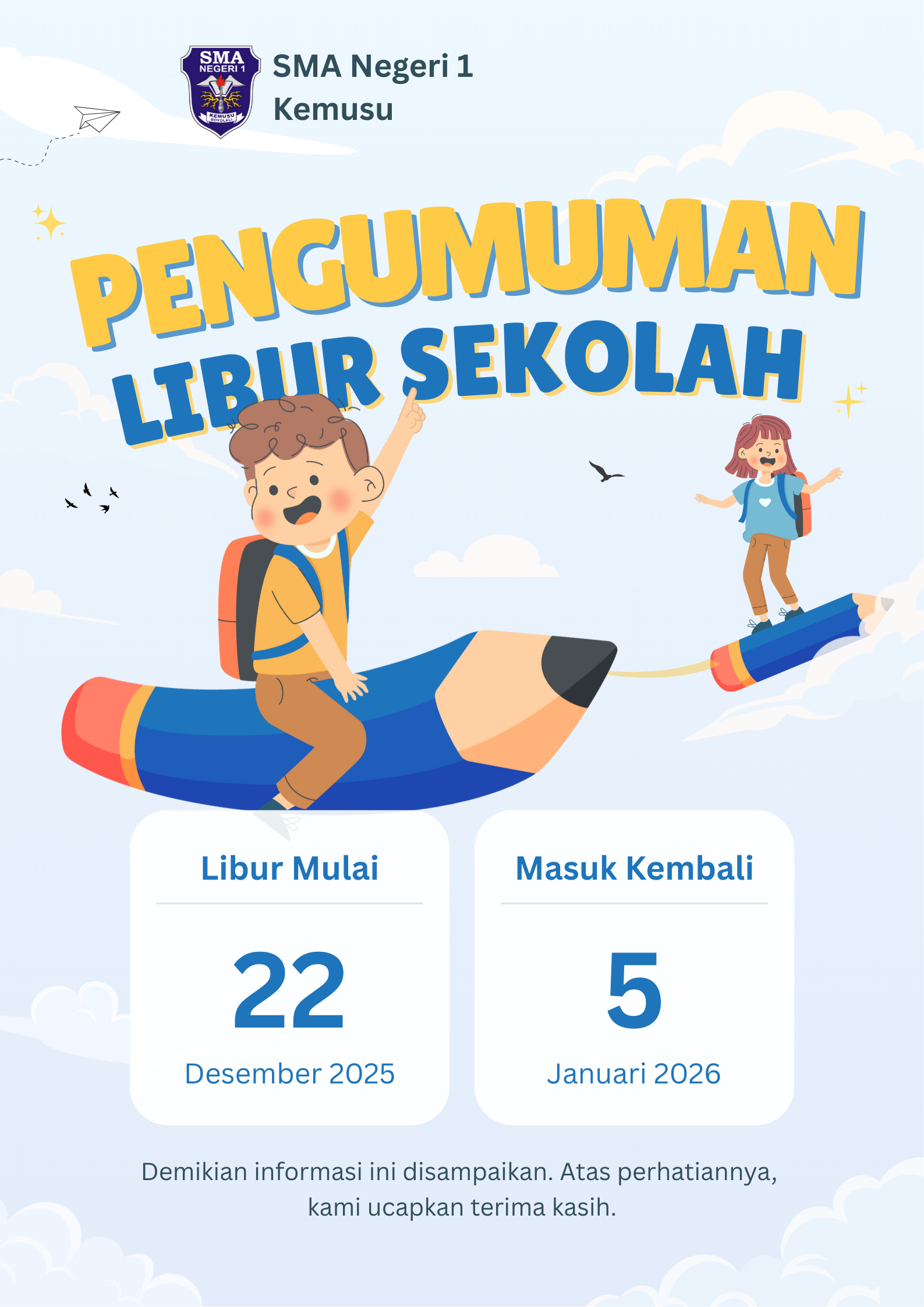 Surat Pemberitahuan Terkait Libur Akhir Semester Gasal Tahun Ajaran 2025/2026