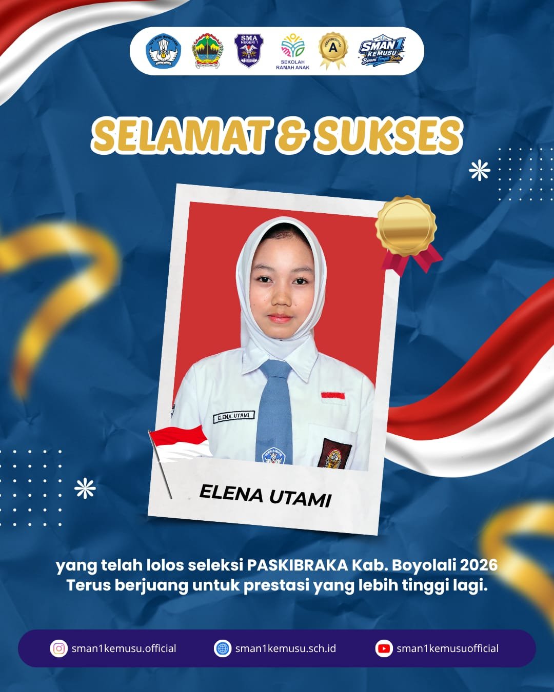 Selamat dan Sukses, Elena Utami Lolos Seleksi Paskibraka Kabupaten Boyolali Tahun 2026