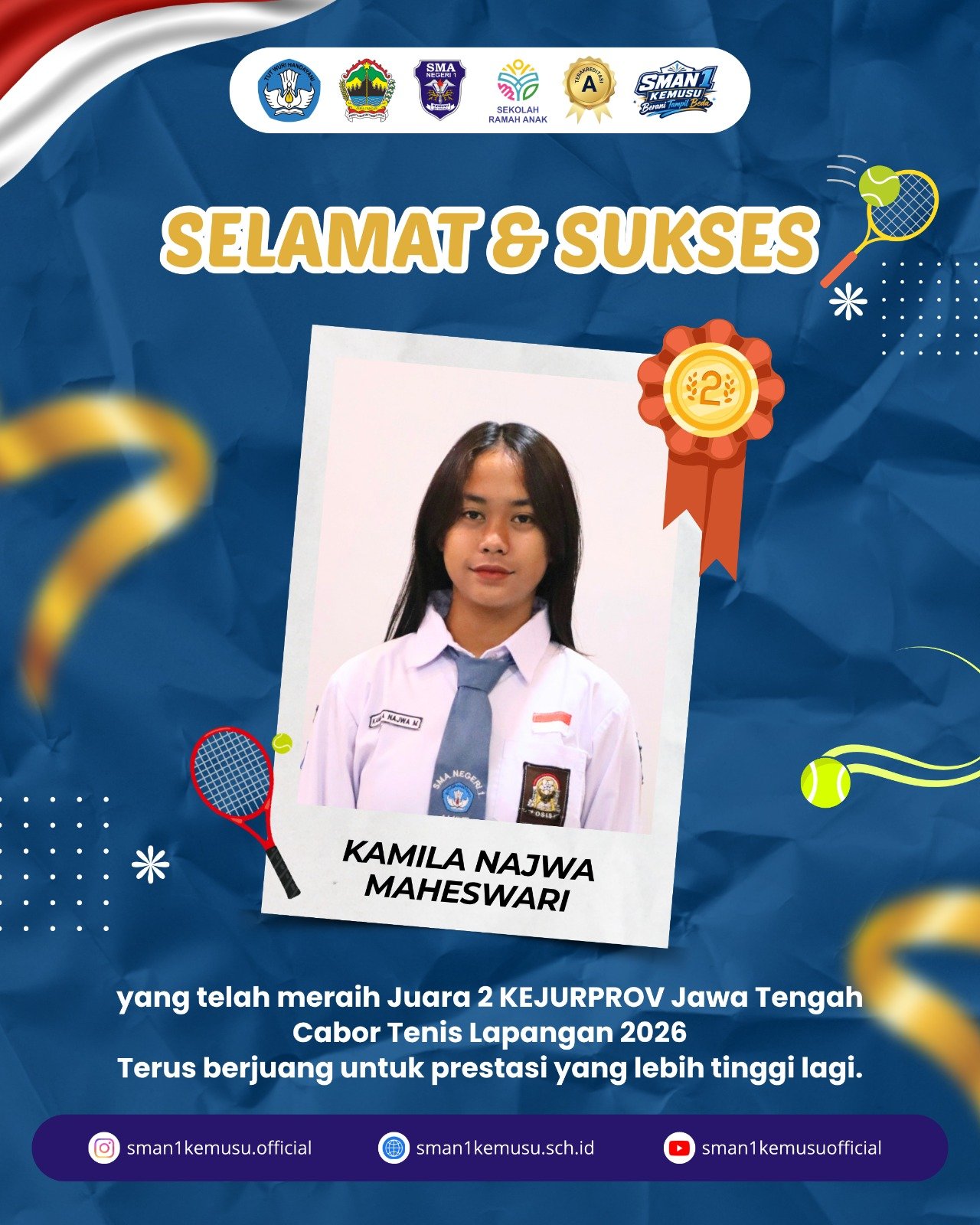 Kamila Najwa Maheswari, Juara 2 Kejurprov Jawa Tengan Cabor Tenis Lapangan 2026