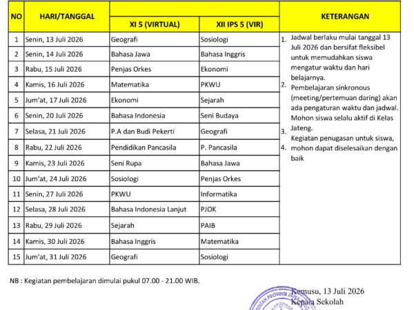 Jadwal Pembelajaran Kelas Virtual Bulan Juli 2026