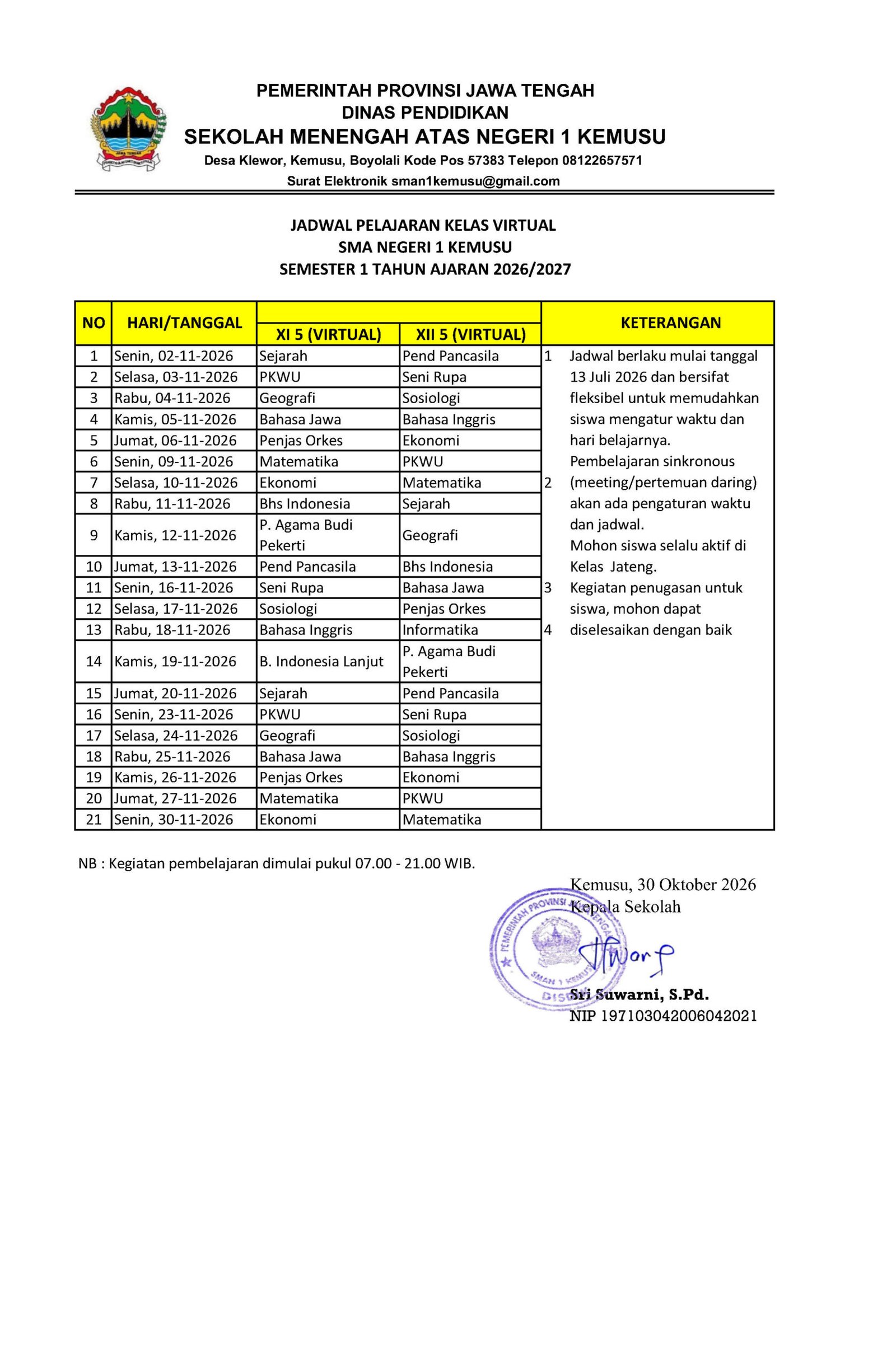 Jadwal Pembelajaran Kelas Virtual Bulan November 2026