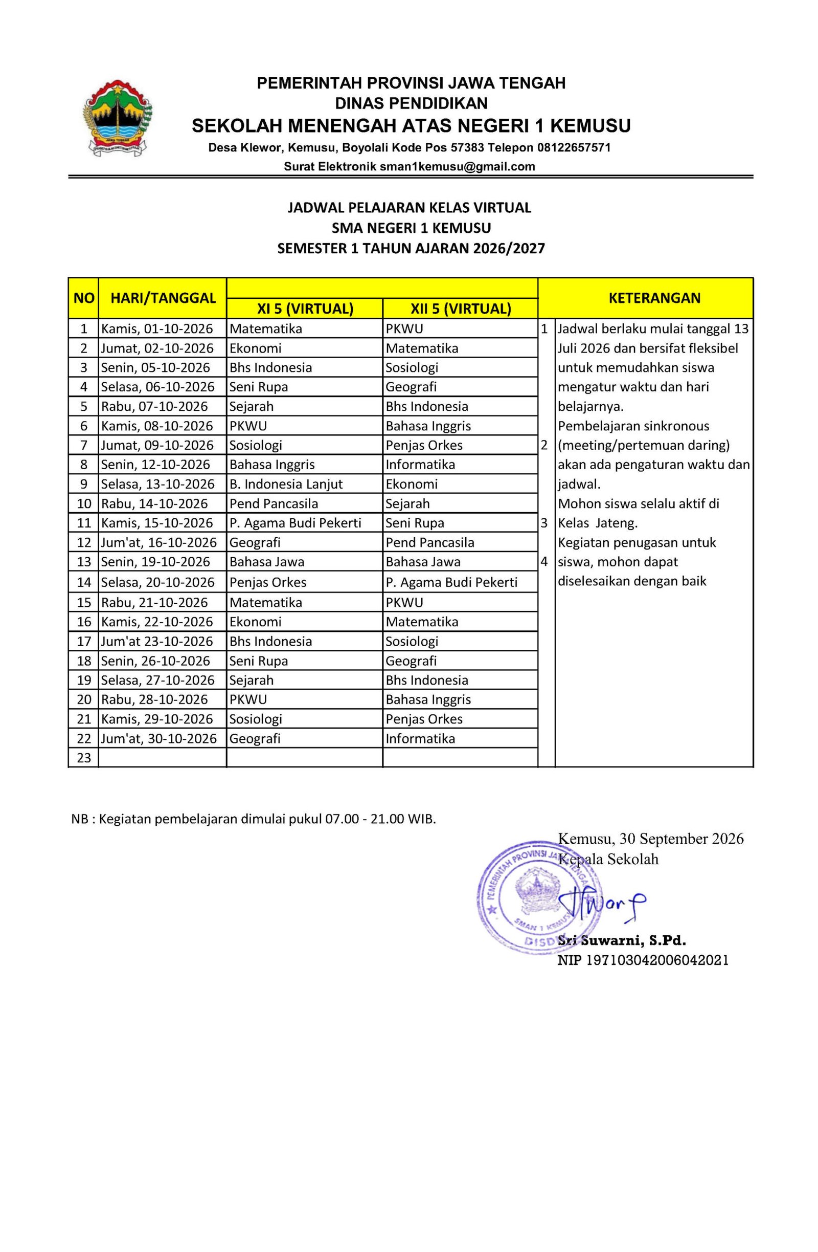 Jadwal Pembelajaran Kelas Virtual Bulan Oktober 2026