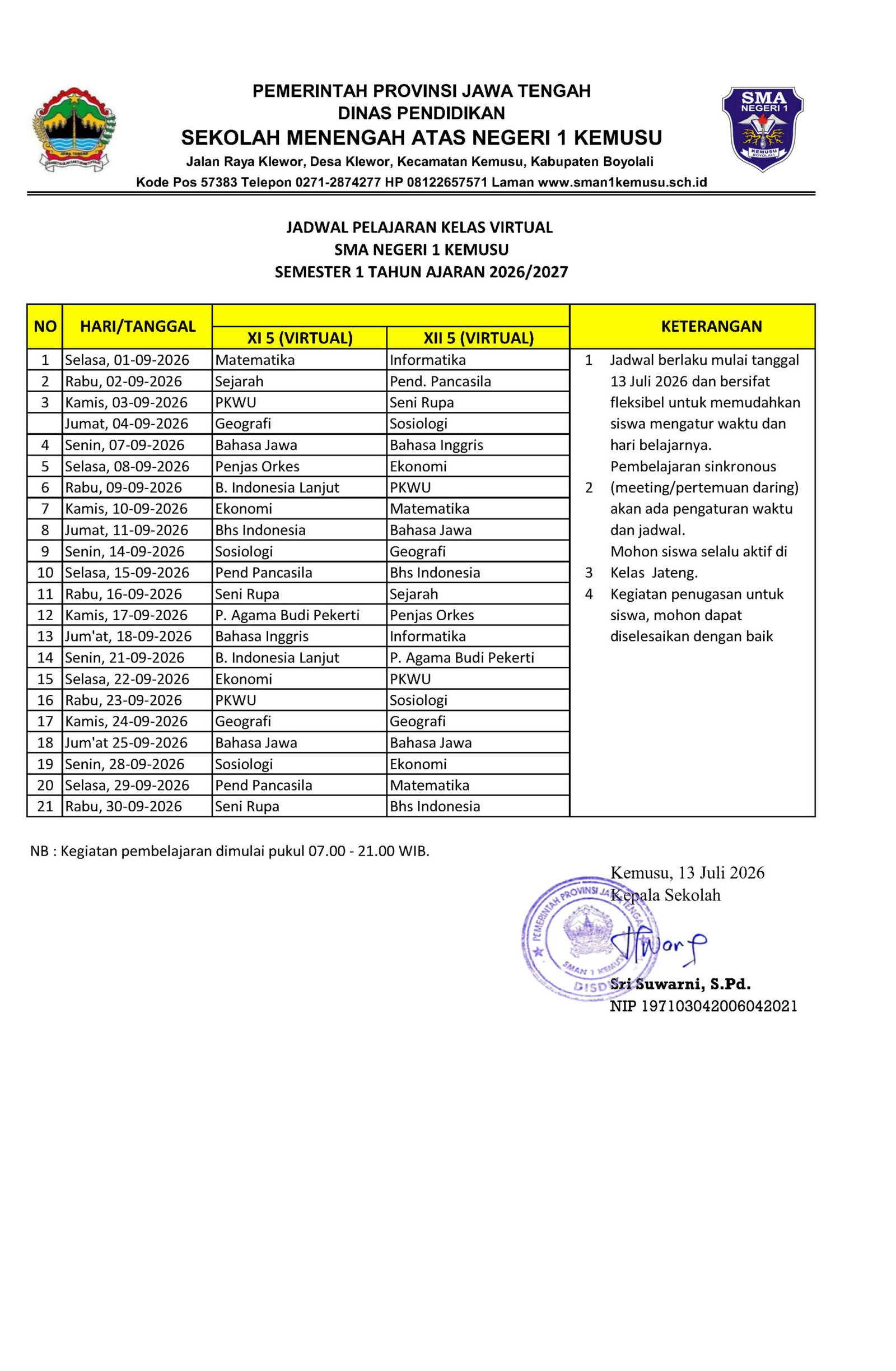 Jadwal Pembelajaran Kelas Virtual Bulan September 2026