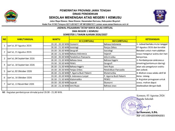 Jadwal Pembelajaran Tatap Maya Kelas Virtual Semester 1 Tahun Ajaran 2026/2027