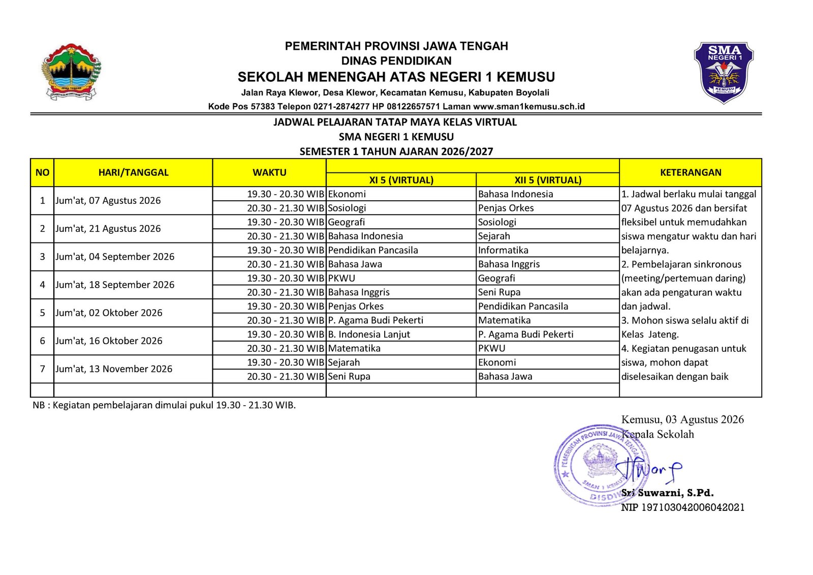 Jadwal Pembelajaran Tatap Maya Kelas Virtual Semester 1 Tahun Ajaran 2026/2027