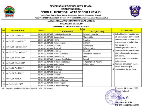 Jadwal Pembelajaran Tatap Maya Kelas Virtual Semester 2 Tahun Ajaran 2026/2027