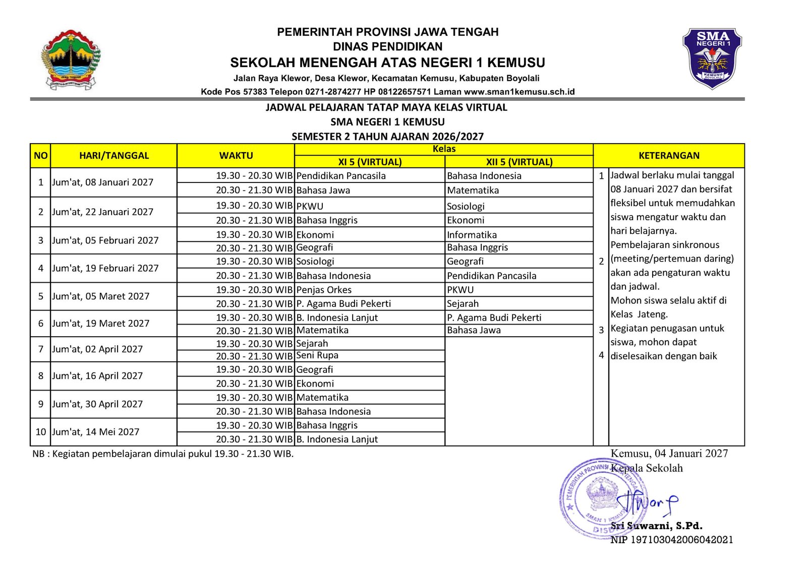 Jadwal Pembelajaran Tatap Maya Kelas Virtual Semester 2 Tahun Ajaran 2026/2027
