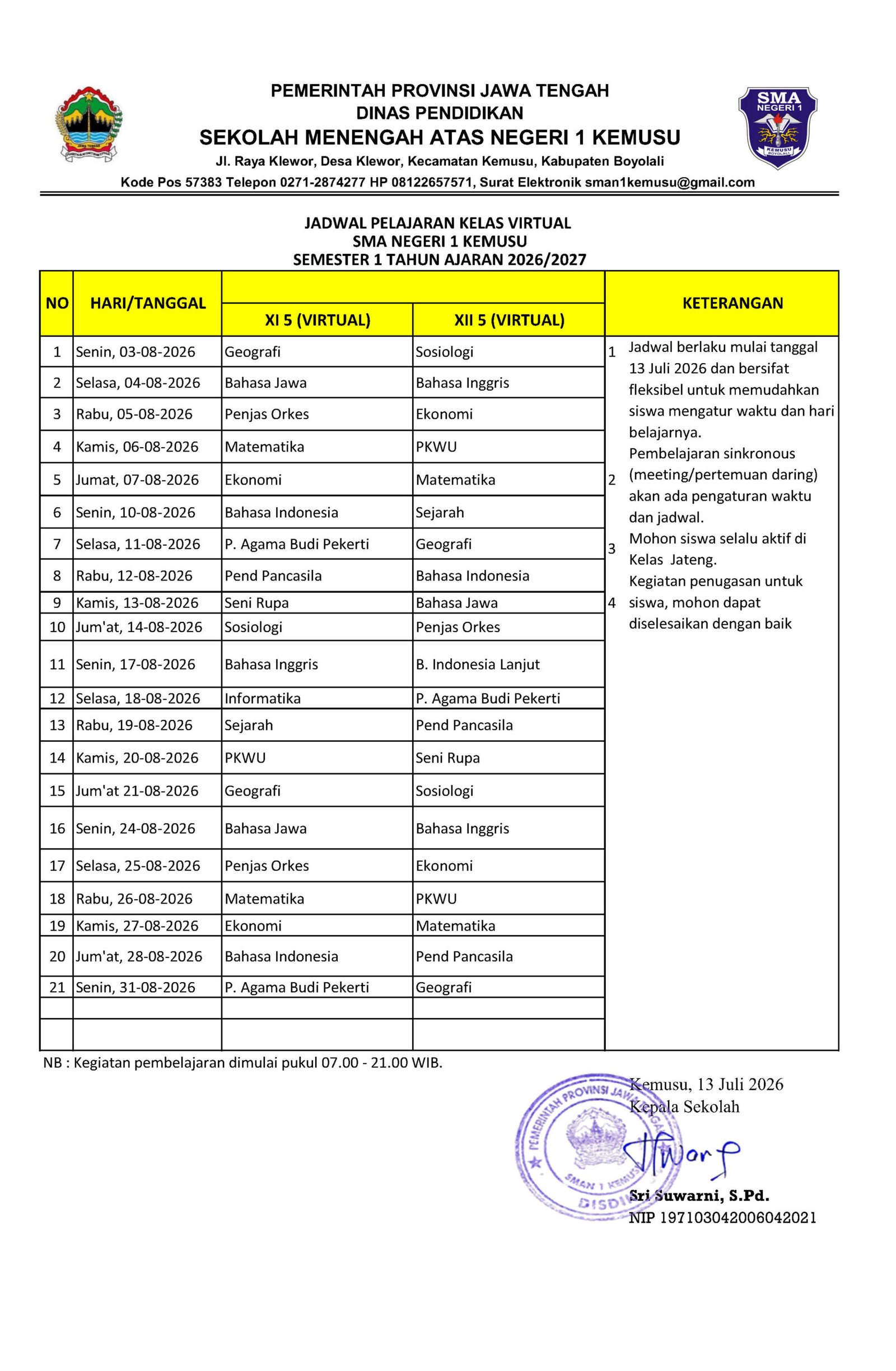 Jadwal Pembelajaran Kelas Virtual Bulan Agustus 2026